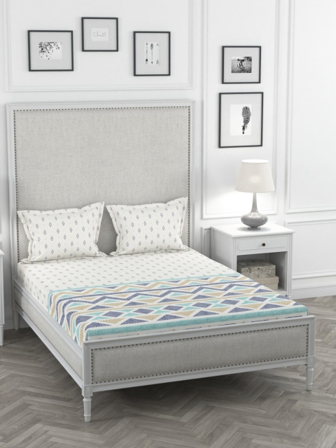 

Portico New York White & Blue Geometric 210 TC Cotton 1 King Bedsheet with 2 Pillow Covers