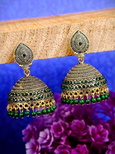 

Crunchy Fashion Gold-Plated & Green Contemporary Jhumkas