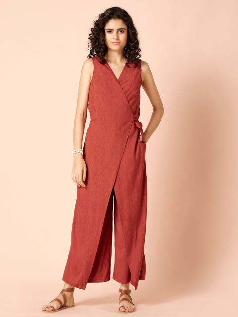 

INDYA Women Rust Orange Solid Wrap Basic Jumpsuit