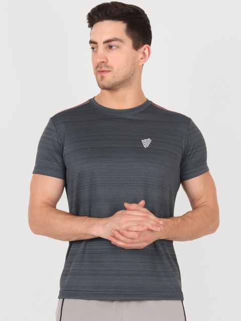 

VEGA Men Charcoal Grey Striped Slim Fit T-shirts