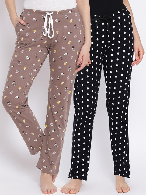 

Kanvin Women Pack Of 2 Printed Pure Cotton Lounge Pants, Black