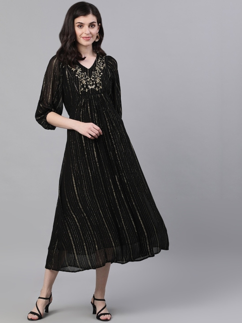 

Ishin DESIGNER STUDIO Black & Gold-Toned Embroidered A-Line Midi Dress