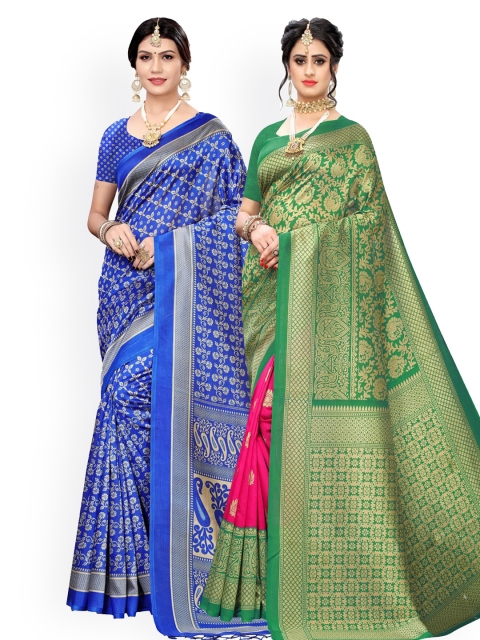 

KALINI Pack Of 2 Blue & Green Art Silk Woven Design Sarees