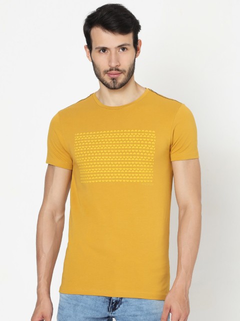 

Rex Straut Jeans Men Yellow Printed Round Neck Pure Cotton T-shirt