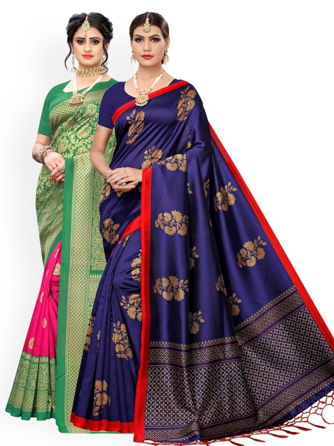 

KALINI Pack of 2 Blue & Green Art Silk Woven Design Saree