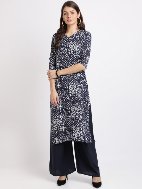 

Florence Women Navy Blue Floral Printed Crepe Regular Straight Kurta & Palazzos