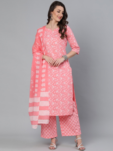 

Nayo Women Peach-Coloured Floral Printed Regular Straight Pure Cotton Kurta & Palazzos