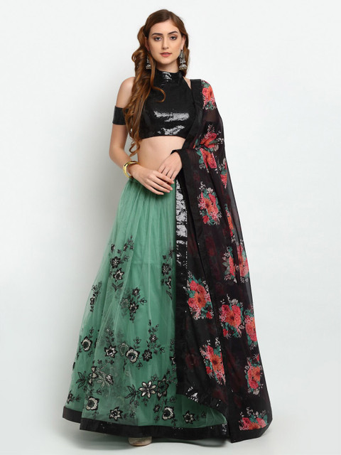 

panchhi Green & Black Embellished Semi-Stitched Lehenga & Unstitched Blouse with Dupatta