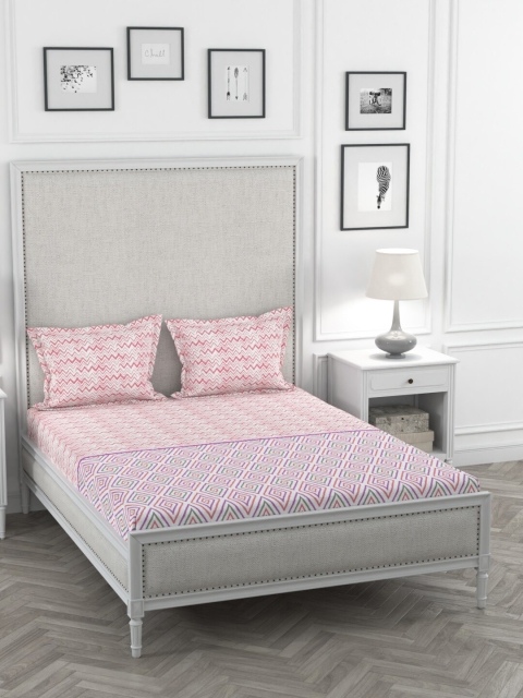 

Portico New York Unisex Pink Abstract Bedsheet With 2 Pillow Cover, White