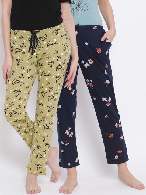

Kanvin Women Pack Of 2 Printed 100% Cotton Lounge Pants, Navy blue