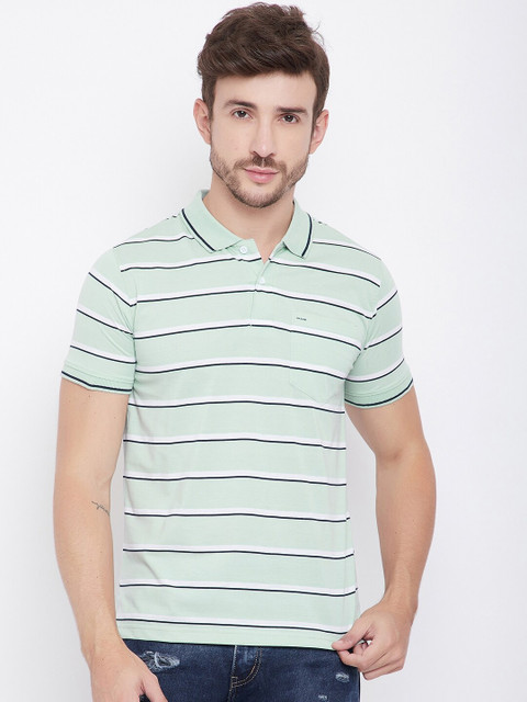 

Okane Men Sea Green Striped Polo Collar T-shirt