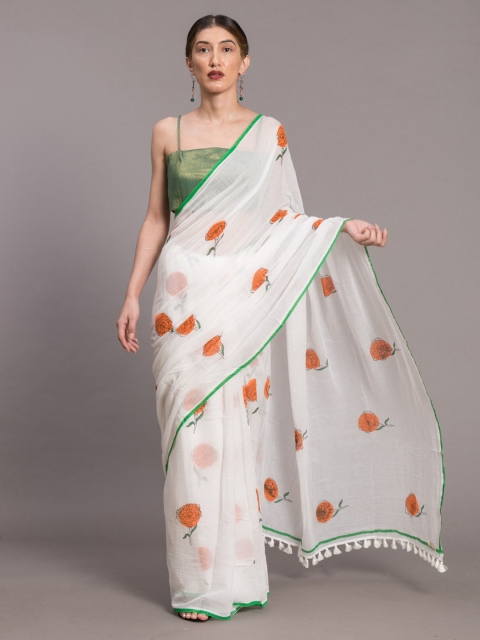 

Suta White Printed Pure Cotton Saree With Tasseled Pallu