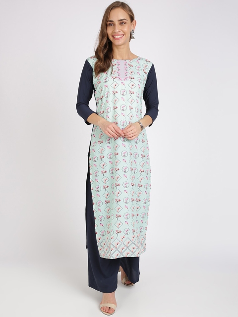 

Florence Women Sea Green & Navy Blue Printed Straight Kurta & Palazzos