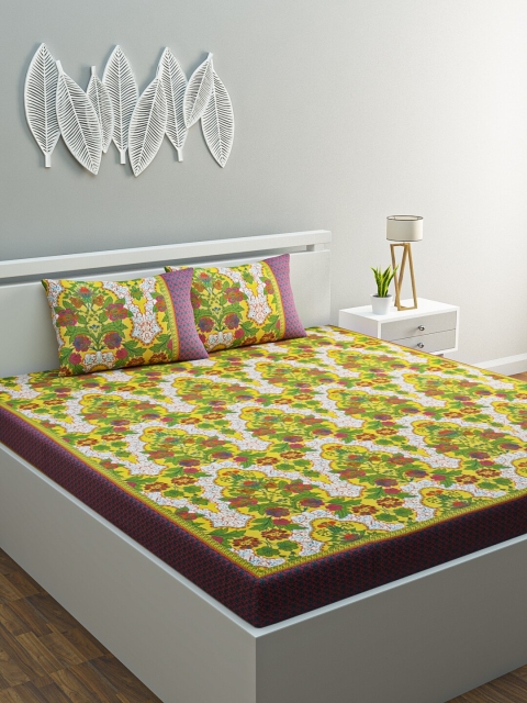 HOME AFFAIRS Yellow & Green Floral 144 TC Cotton 1 Queen Bedsheet with 2 Pillow Covers