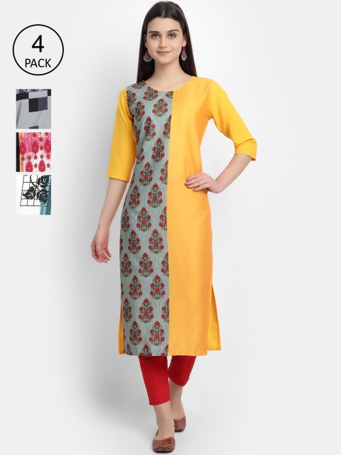 

Ethnic basket Women Pack Of 4 Printed Crepe Kurtas, Yellow