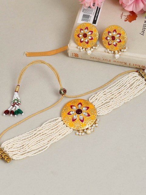 

Silvermerc Designs Gold-Plated Yellow & White Meenakari Jewellery Set