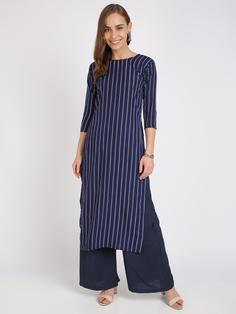 

Florence Women Navy Blue & White Striped Straight Kurta & Palazzos