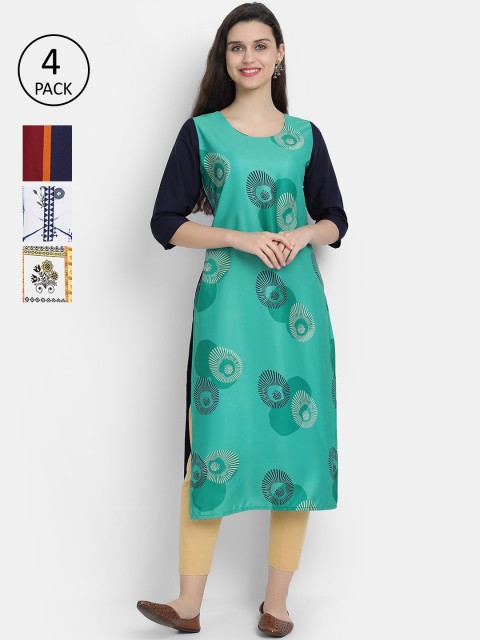 

Ethnic basket Women Pack of 4 Printed Crepe Kurtas, Green