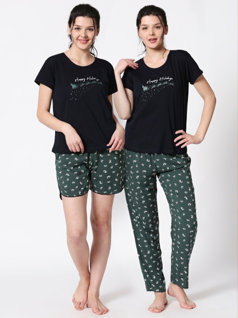 

Zeyo Women Set of 3 Navy Blue & Green Printed Night suit