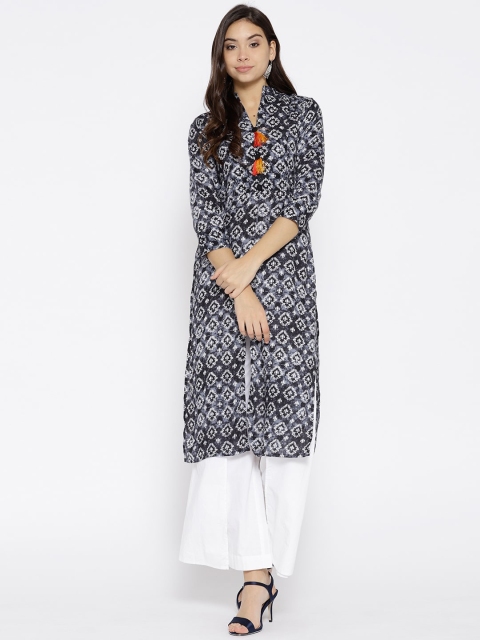 

Cottinfab Women Charcoal Grey & White Mandarin Collar Ethnic Motifs Printed Kurta