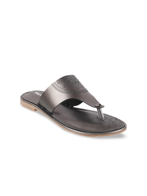 

WALKWAY Women Gunmetal-Toned Printed T-Strap Flats, Metallic