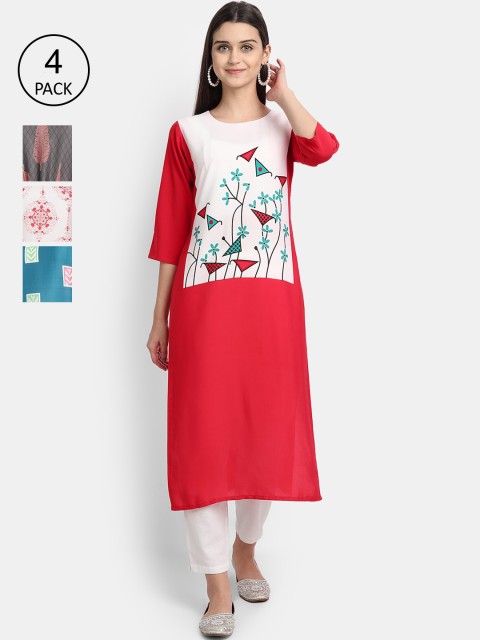 

Ethnic basket Women Pack of 4 Printed Crepe Kurtas, Red