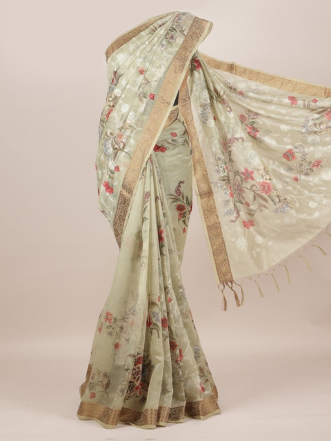 

Pothys Green & Red Linen Blend Printed Saree