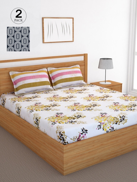 

Bedspun Off-White & Beige Floral 120 TC Cotton 2 Queen Bedsheet with 4 Pillow Covers