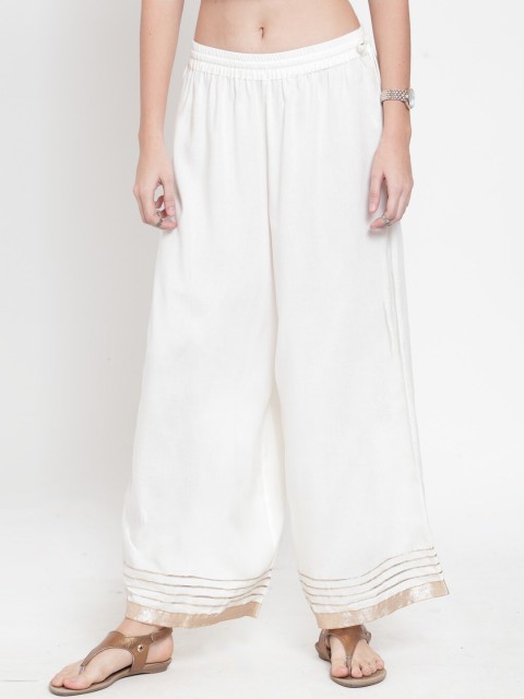 

KSUT Women Off-White & Gold-Toned Hem Design Flared Palazzos