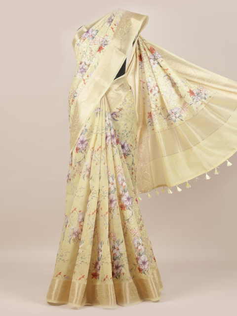 

Pothys Yellow Printed Linen Blend Saree