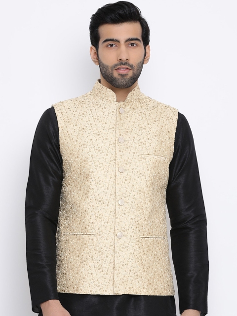 

NAMASKAR Men Beige Embroidered Pure Silk Woven Nehru Jacket