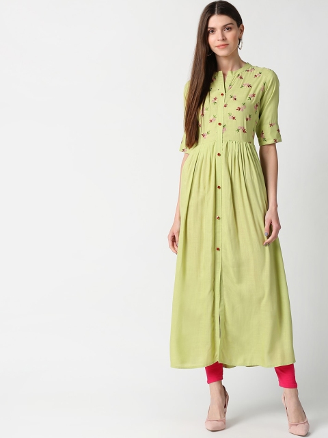 mokshi Women Green & Maroon Floral Embroidered Mandarin Collar Floral Anarkali Kurta