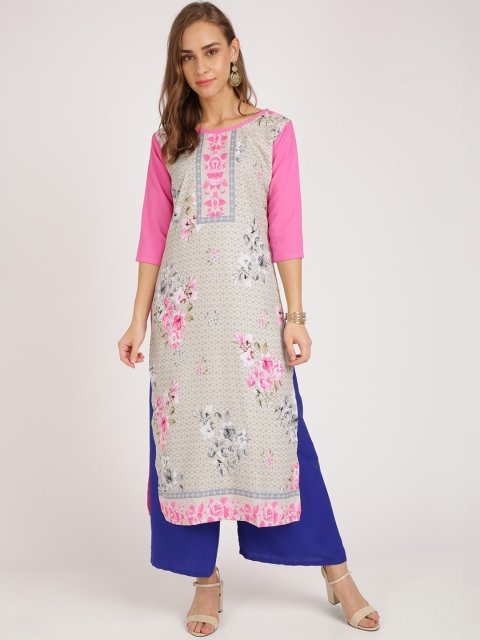 

Florence Women Beige & Blue Floral Printed Straight Kurta & Palazzos