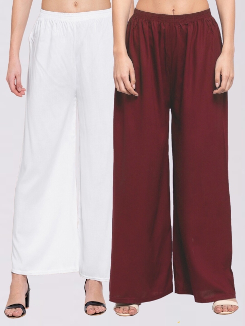 

KLOTTHE Pack of 2 Women White & Burgundy Solid Wide Leg Palazzos