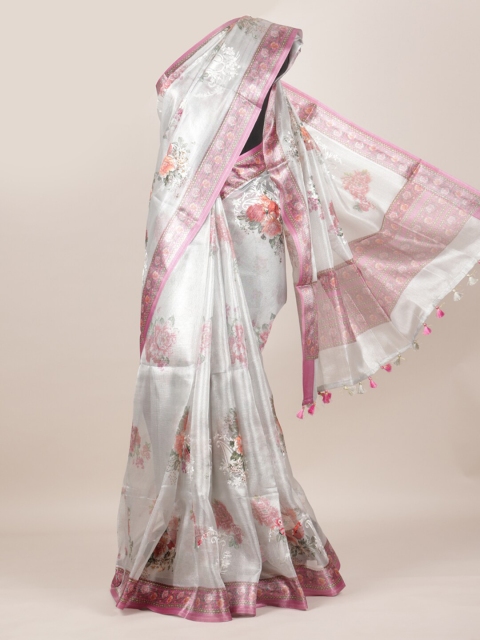 

Pothys Silver-Toned & Pink Linen Blend Woven Design Saree