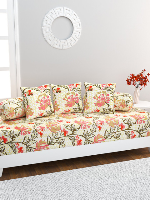 

HOME AFFAIRS Set Of 6 Beige & Yellow Floral Printed Pure Cotton Diwan Set