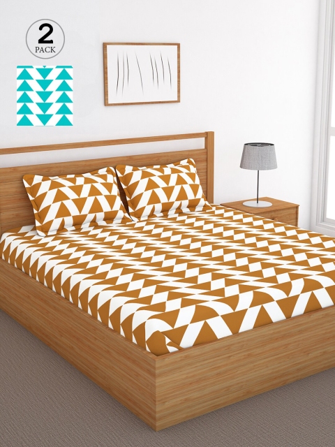 

Bedspun Yellow & Blue Geometric 120 TC Cotton 2 Queen Bedsheet with 4 Pillow Covers
