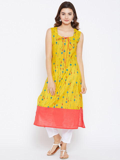 

PANIT Women Yellow Geometric Printed Straight Kurta