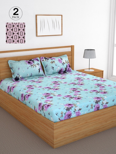 

Bedspun Blue & Purple Floral 120 TC Cotton 2 Queen Bedsheet with 4 Pillow Covers