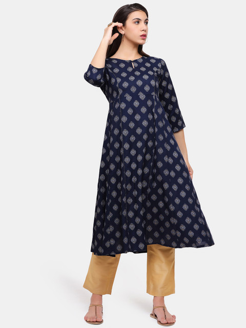 

IMARA Women Navy Blue Ethnic Motifs Printed Keyhole Neck Kurta