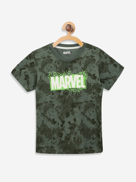 

Octave Boys Olive Green Marvel Print Round Neck Cotton Pure Cotton T-shirt