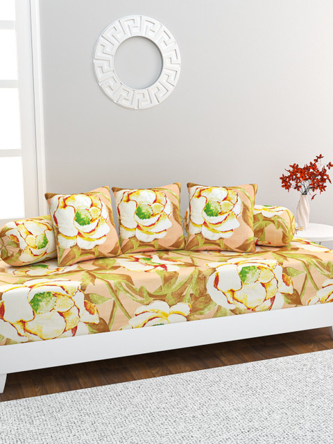 

HOME AFFAIRS Set Of 6 Yellow & Green Floral Printed Pure Cotton Diwan Set