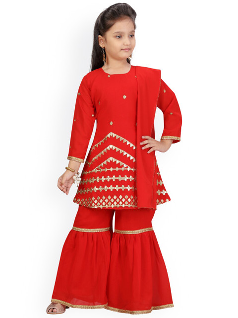

Aarika Girls Red Printed Angrakha A-Line Kurti & Sharara With Dupatta