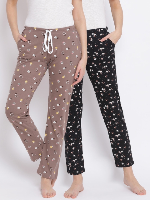 

Kanvin Women Pack Of 2 Printed Pure Cotton Lounge Pants, Brown