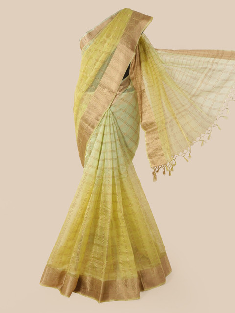 

Pothys Green & Gold-Toned Pure Silk Checked Saree