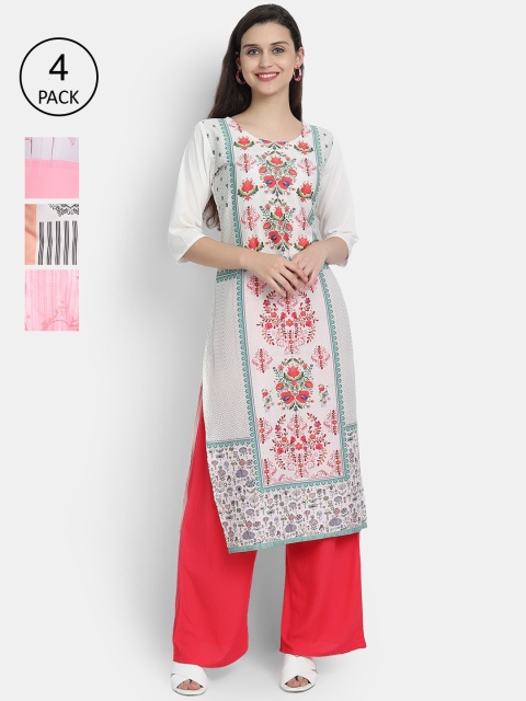 

Ethnic basket Women Pack of 4 Printed Crepe Kurtas, Pink