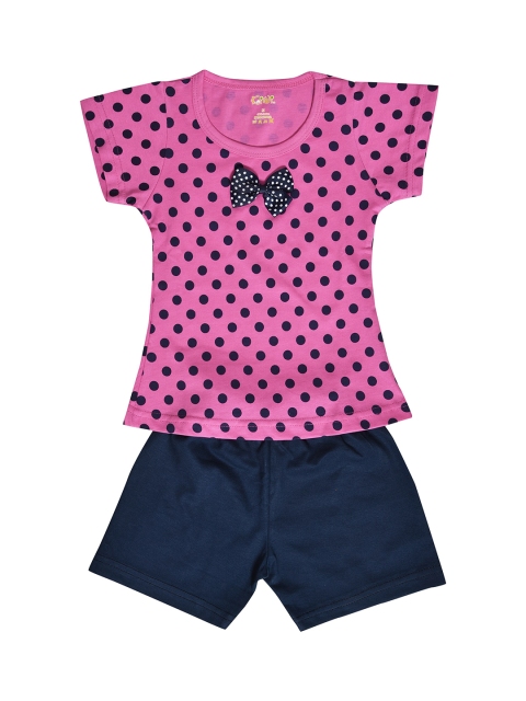 

Kiwi Girls Pink & Navy Blue Printed Cotton T-shirt with Shorts