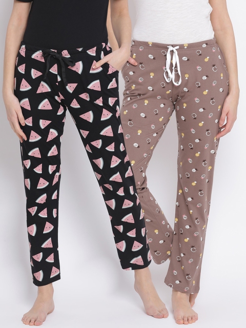 

Kanvin Women Pack Of 2 Printed Pure Cotton Lounge Pants, Brown