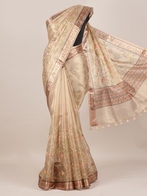 

Pothys Gold-Toned & Pink Linen Blend Embroidered Saree