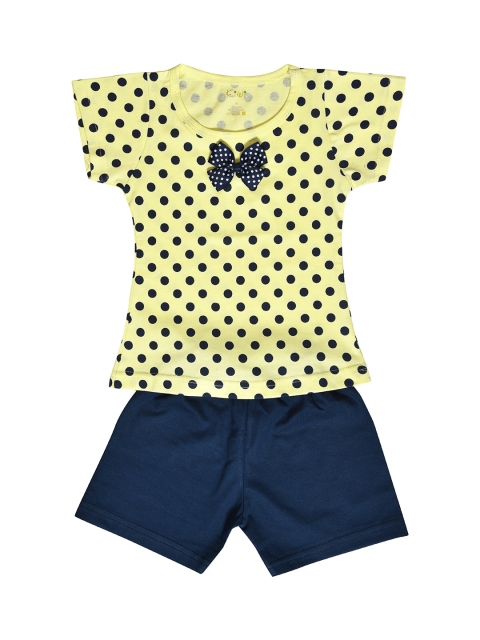 

Kiwi Girls Yellow & Navy Blue Printed Pure Cotton T-shirt with Shorts